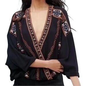 Free People Crescent Moon Embroidered Black Bohemian Top
